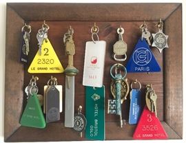 Collection of international hotel keys, a unique and interesting piece of decorative art.
