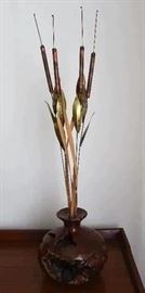 Hand carved wood vase with metal fox tail