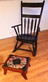 Black painted wood rocking chair and footstool (items sold separately)