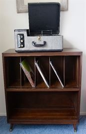 Mid-century storage cabinet with LP dividers (a second LP divider for lower level is also part of pieces), Vintage Webcor Holiday model 1024 portable turntable (undetermined as yet if operational, will revise listing once confirmed).