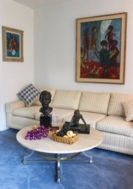 Vintage sofa (check other photo for matching love seat), marble-top coffee table, paintings by Donald Purdy, marble fruit display with ceramic basket.