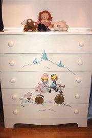 Vintage child's dresser with hand-painted illustration, vintage Raggedy Andy doll, Ty Beanie rabbit