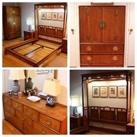 Century 'The Sobota Collection' bedroom set, bed frame, armoire, entertainment cabinet, two end tables, bureau with mirror.