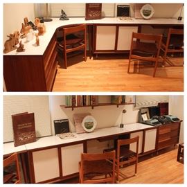 Mid-century 6-piece modular desk, drawers and cabinet set, mid-century chairs.