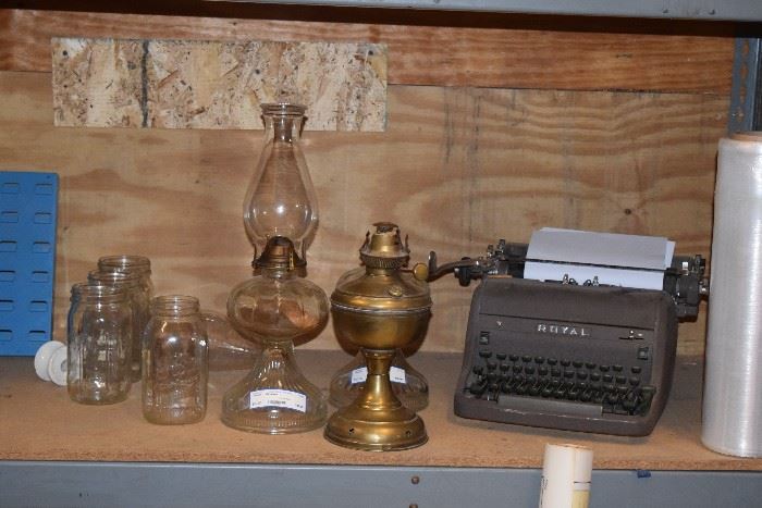 royal typewriter, vintage hurricane lamps and jars