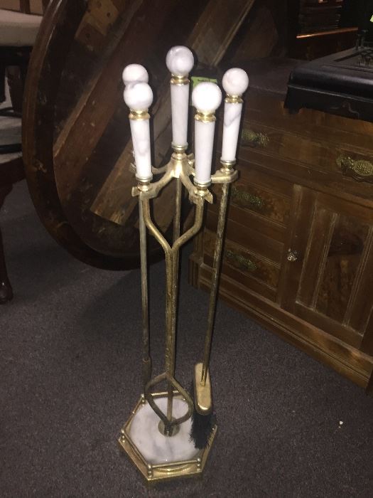  Fireplace tools, marble and brass 