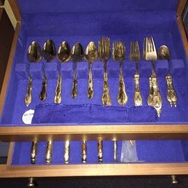 Rogers gold color plated flatware in velvet lined case