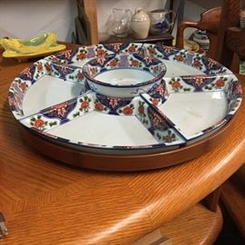 Asian style ceramic and wooden Lazy Susan relish tray