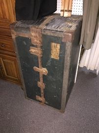 This is a 1950s steamer trunk made in Texas, there are stickers on the truck referencing the ship and the destination. Lots of great history. Can be restored or used as a table base