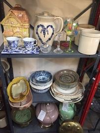 Cookie jar, ceramic picture, small crockpots, plates, bowls, platters, lamps and vintage brass bed warmer