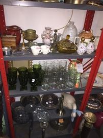 Lots of small collectibles, knickknacks, vintage glass sets, silver plate items, glass bowls, plates, platters, candleholders, candy dish