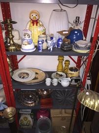 Mother Goose cookie jar, teapot, old plates and platters, salt and pepper shakers silverplate trays, flower vases, lamps etc.