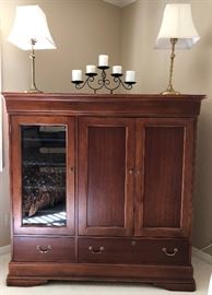 Hooker Armoire, Pair Brass Table Lamps