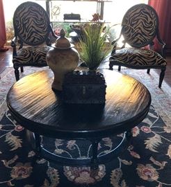 Pair Ladlow's French Quarter Zebra Upholstered Chairs Round Wood Table in Espresso