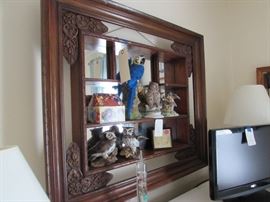 Antique Oak display mirror.  Lefton Owls, vintage barometer