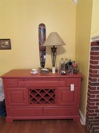 Broyhill buffet, lamp, African style mask, bottles, bar items