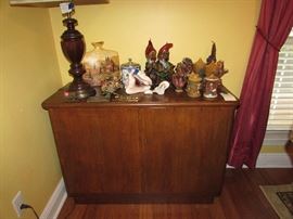European Oak German sideboard, lamp, vase, Brazilian helmet shell, German candles, Asian inspired jar