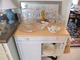 Cake plate, small tea set, china, butchers block, watercolor.