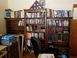 some nice solid wood book shelves and books nice leather bound collection.