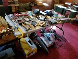 several wood working tools ,miter saw, gas leaf blower