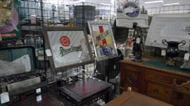 vintage beer mirrors, vintage bronze statue, cut glass vase, urn