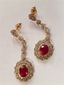 14KT Gold Ladies Dangle Ruby & Diamond Screw Back earrings