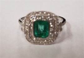 18KT White Gold .85CT Emerald & Diamond Ring