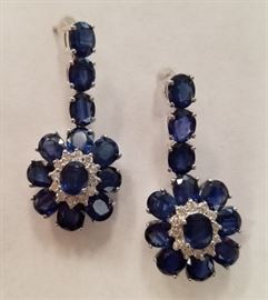 14KT White Gold Sapphire & Diamond Dangle Earrings with standard backs