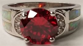 Sz 7 3-3/4CT Created Orange Sapphire & 1CT Created Fire Opal .925 Sterling Silver Ring