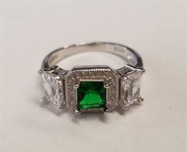   Sz 7 Created Emerald .925 Sterling Silver Halo Ring