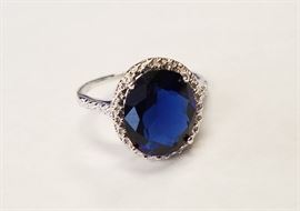 Sz 7 5CT created Blue Sapphire & Genuine Diamond .925 Sterling Silver Ring