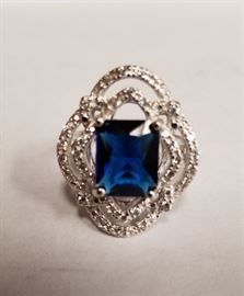 Sz 7 Created blue sapphire & 40 pcs created diamond .925 sterling silver ring