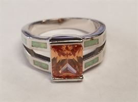 Sz 7 1-1/2CT Created Orange Sapphire & 2CT Created Fire Opal .925 Sterling Silver Ring