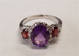 Sz 7 Amethyst & 1-1/3 CT Garnet .925 Sterling Sliver Ring