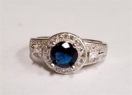 Sz 7 1CT Created Blue Sapphire 9.25 Stainless Steel Halo Ring