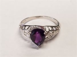 Sz 8 1CT Amethyst & Diamond .925 Sterling Silver Ring