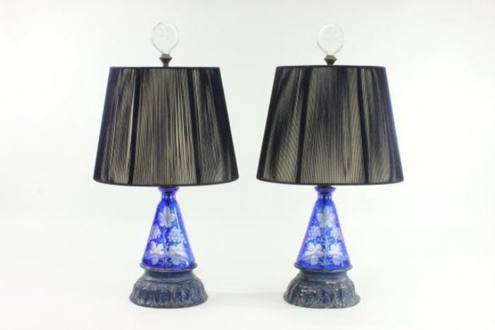 Lot 85: Pair Blue Cut-to-Clear Lamps