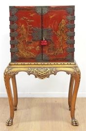 Lot 104: Red Lacquer Chinoiserie Decorated Silver Chest