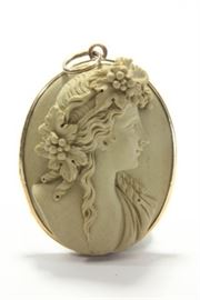 Lot 245: Carved Lava Cameo & Yellow Gold Pendant