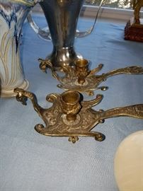Two Brass Dragon or Peacock Candleholders - nice