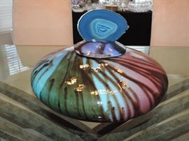 Handmade Pottery Covered Bowl with Blue Agate Finial by Matthew Lovein - with original paperwork (purchase order) - LARGE EXAMPLE 