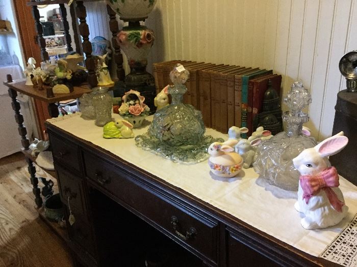 Goofus glass, antique desk and bunnies.
