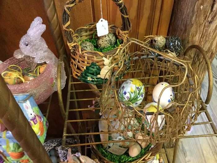 Variety of eggs and baskets.