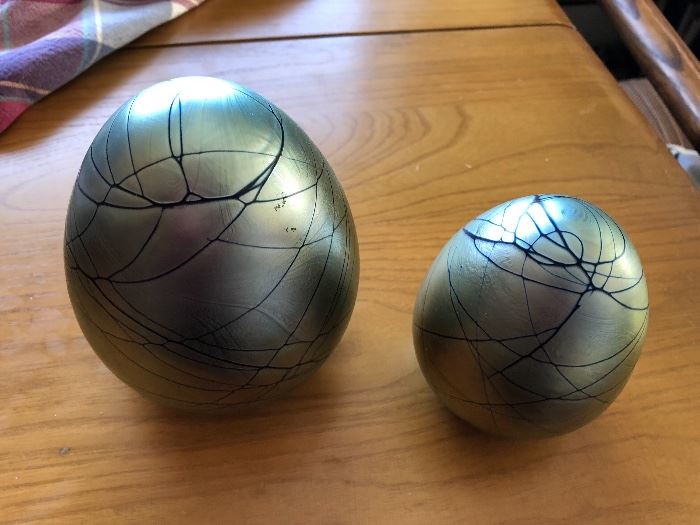 Signed Steven Maslach Iridescent Egg Shaped Paperweights 