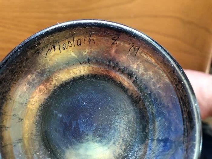 Signed Steven Maslach Iridescent Blue Aurene Art Glass Vase