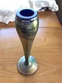 Signed Steven Maslach Iridescent Blue Aurene Art Glass Vase