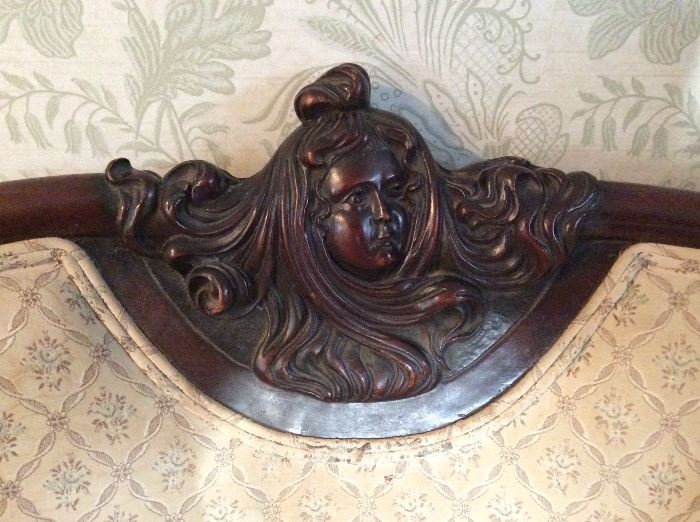 Art Nouveau Upholstered w/ Carved Lady with Flowing Hair