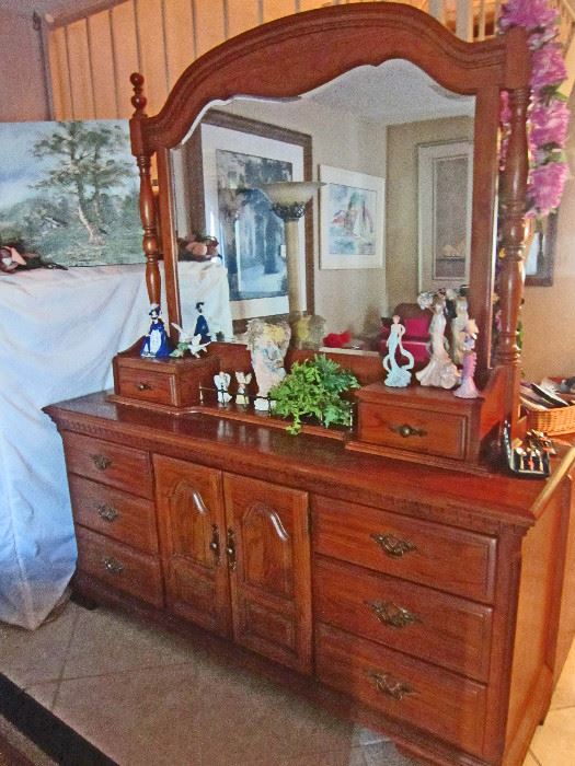 Oak triple dresser with large mirror and handkerchief boxes 