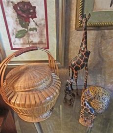 Basket, unique candle holder, and carved wood giraffe family (who doesn't love giraffes)