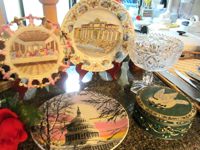 Decorative plates, glass compote, decorative box